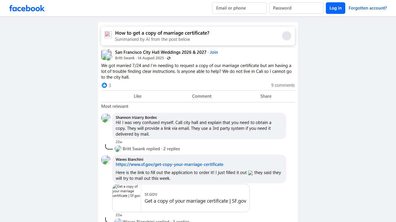 San Francisco City Hall Weddings 2026 & 2027 | We got married 7/24 and I’m needing to request a copy of our marriage certificate but am having a lot of trouble finding clear instructions | Facebook